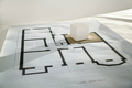 Anita Tarnutzer, Fourth Wall - Sixth Plane, 2013,  Hand-drawn gallery schematic with ceramic cube model,  83 x 58,5 x 7 cm, Limited edition, Photo: Archive, 